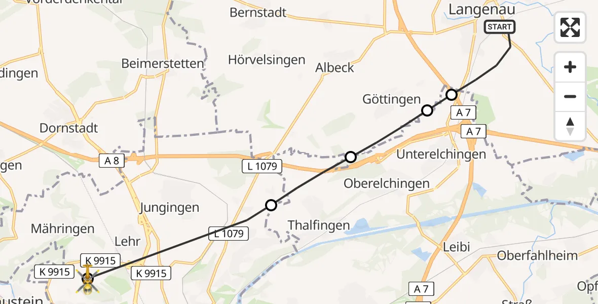 Flugroute Rettungshubschrauber Langenau - Ulm Military Hospital Emergency Hubschrauberlandeplatz, 02 August 2026, 14:45
