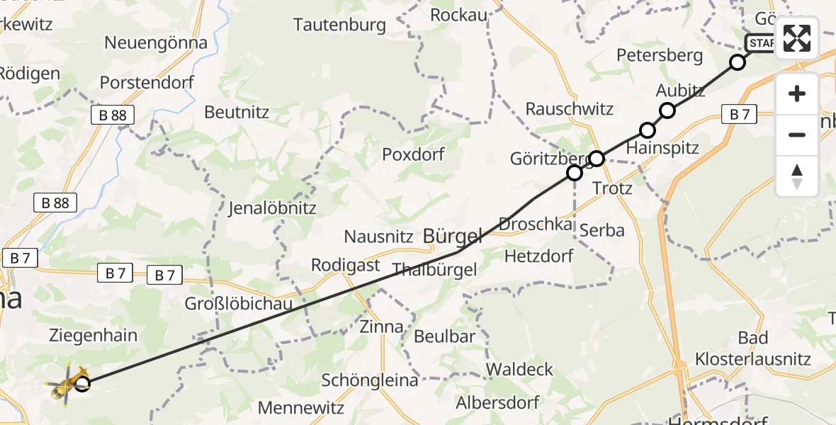 Flugroute Rettungshubschrauber Gösen - Jena, 02 August 2026, 14:46