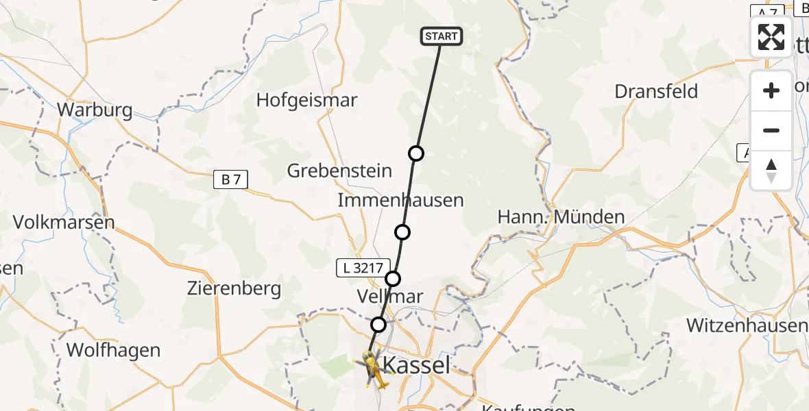 Flugroute Rettungshubschrauber Hofgeismar - Kassel, 02 August 2026, 14:51