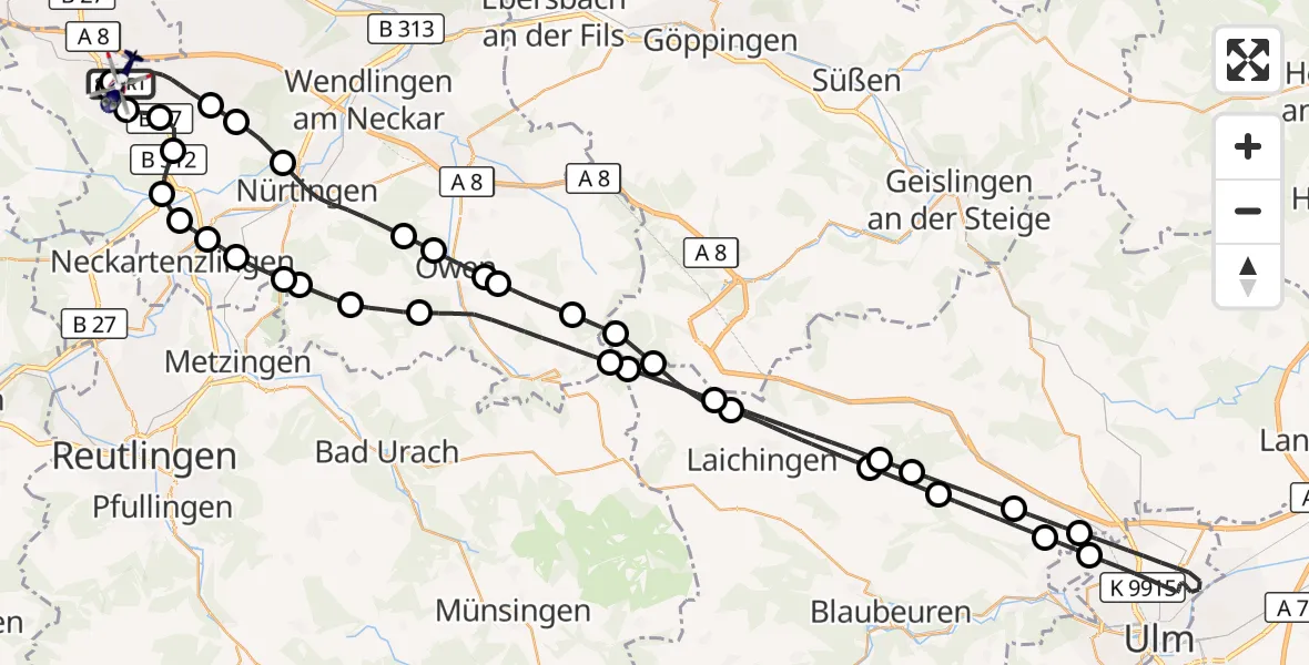 Flugroute Polizeihubschrauber Flughafen Stuttgart - Flughafen Stuttgart, 02 August 2026, 14:56