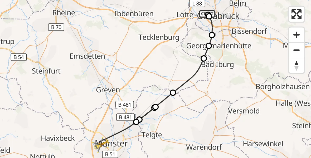 Flugroute Rettungshubschrauber Osnabrück Hospital - Münster, 02 August 2026, 14:59
