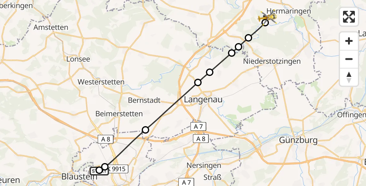 Flugroute Rettungshubschrauber Ulm Military Hospital Emergency - Giengen an der Brenz, 02 August 2026, 15:09
