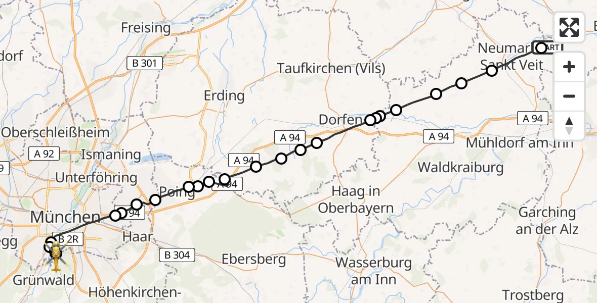 Flugroute Rettungshubschrauber Niedertaufkirchen - ADAC Air Rescue Center Hubschrauberlandeplatz (Christoph 1), 02 August 2026, 15:14