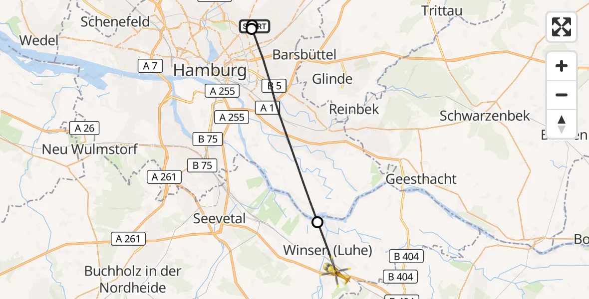 Flugroute Rettungshubschrauber Hamburg Military Hospital - Winsen (Luhe), 02 August 2026, 15:19