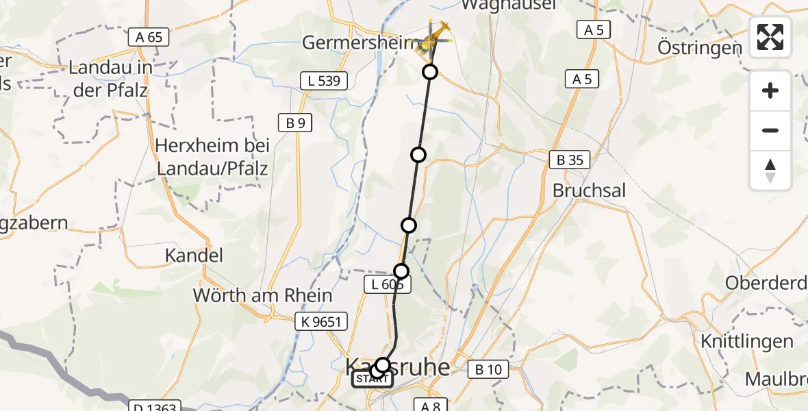 Flugroute Ambulanzhubschrauber Sankt Vincentius Hospital - Philippsburg, 02 August 2026, 15:21