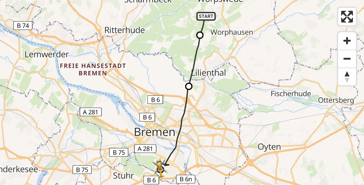 Flugroute Rettungshubschrauber Worpswede - ADAC Air Rescue Station Bremen Hubschrauberlandeplatz (Christoph 6), 02 August 2026, 15:22