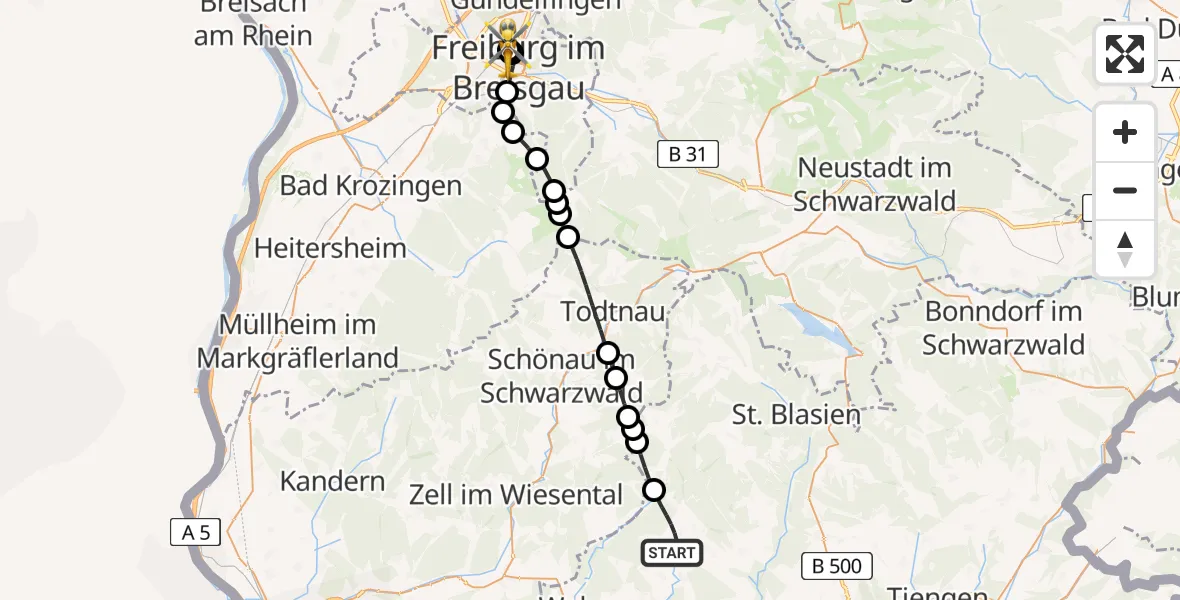 Flugroute Rettungshubschrauber Herrischried - Freiburg University Hospital Heliport 1, 02 August 2026, 15:28