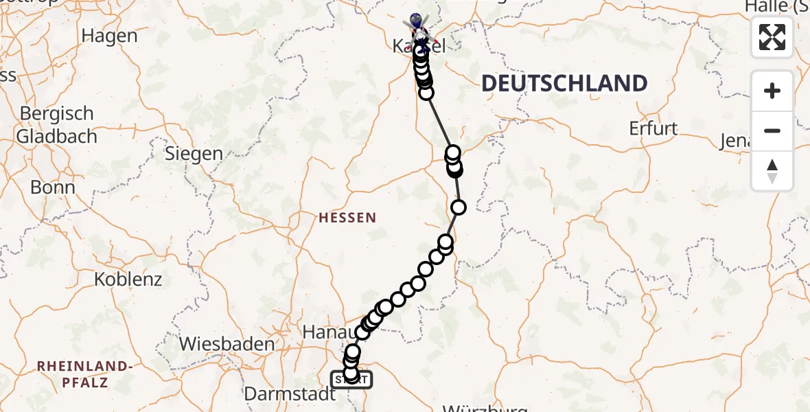 Flugroute Polizeihubschrauber Flugplatz Aschaffenburg - Fuldatal Bundespolizei Hubschrauberlandeplatz, 02 August 2026, 15:30