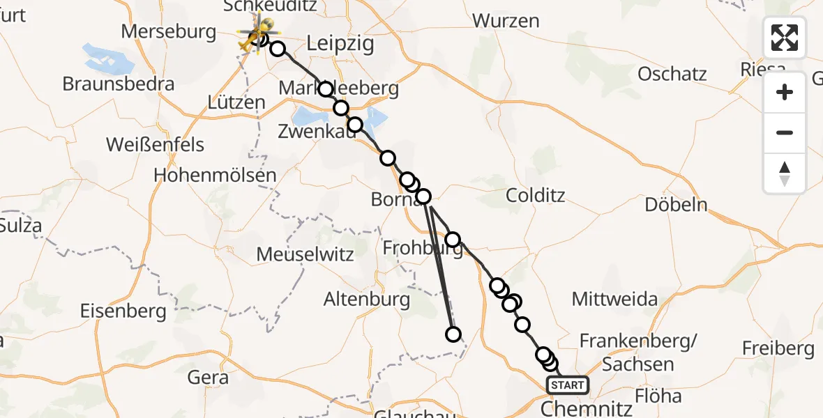 Flugroute Rettungshubschrauber Chemnitz - ADAC Air Rescue Station Leipzig/Schkeuditz-Dölzig Hubschrauberlandeplatz (Christoph 61), 02 August 2026, 15:35