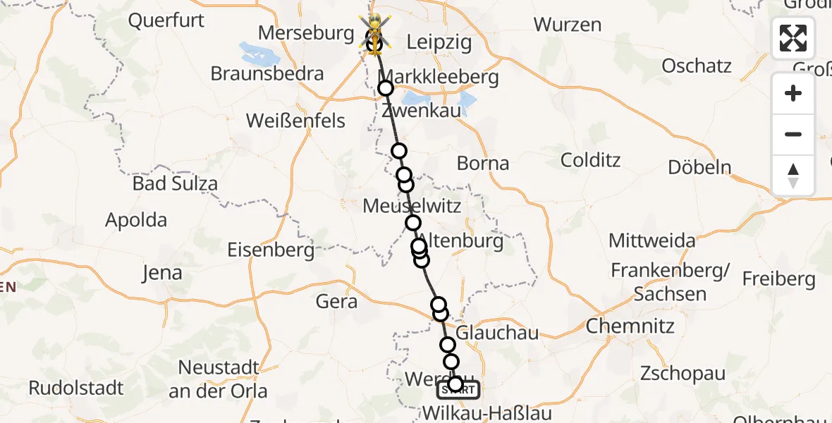 Flugroute Rettungshubschrauber ADAC Air Rescue Station Zwickau Hubschrauberlandeplatz - ADAC Air Rescue Station Leipzig/Schkeuditz-Dölzig Hubschrauberlandeplatz (Christoph 61), 02 August 2026, 15:35