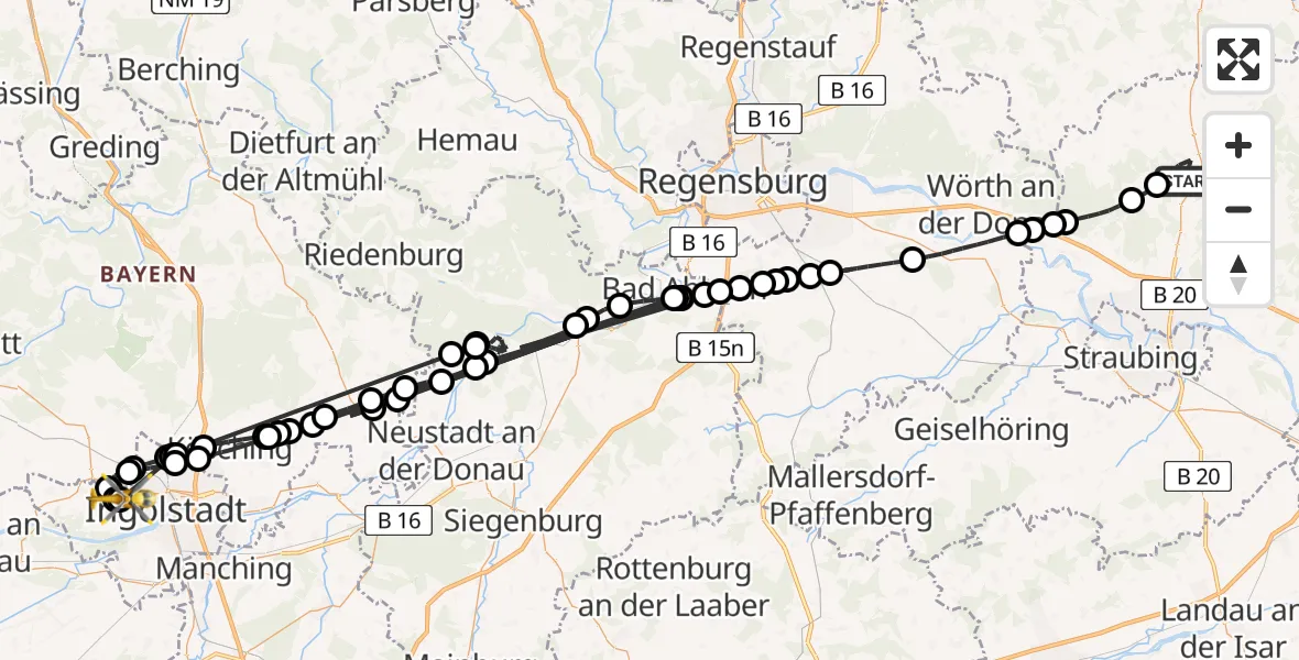 Flugroute Rettungshubschrauber Rattiszell - Ingolstadt Hospital, 02 August 2026, 15:40