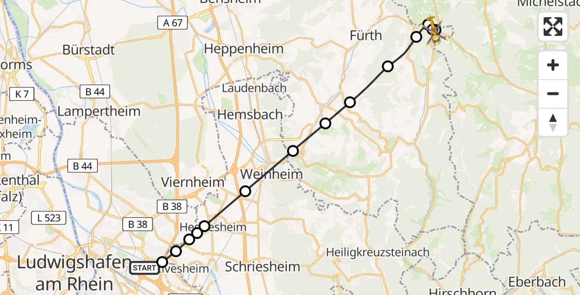 Flugroute Rettungshubschrauber Mannheim-City Flughafen - Reichelsheim (Odenwald), 02 August 2026, 15:42