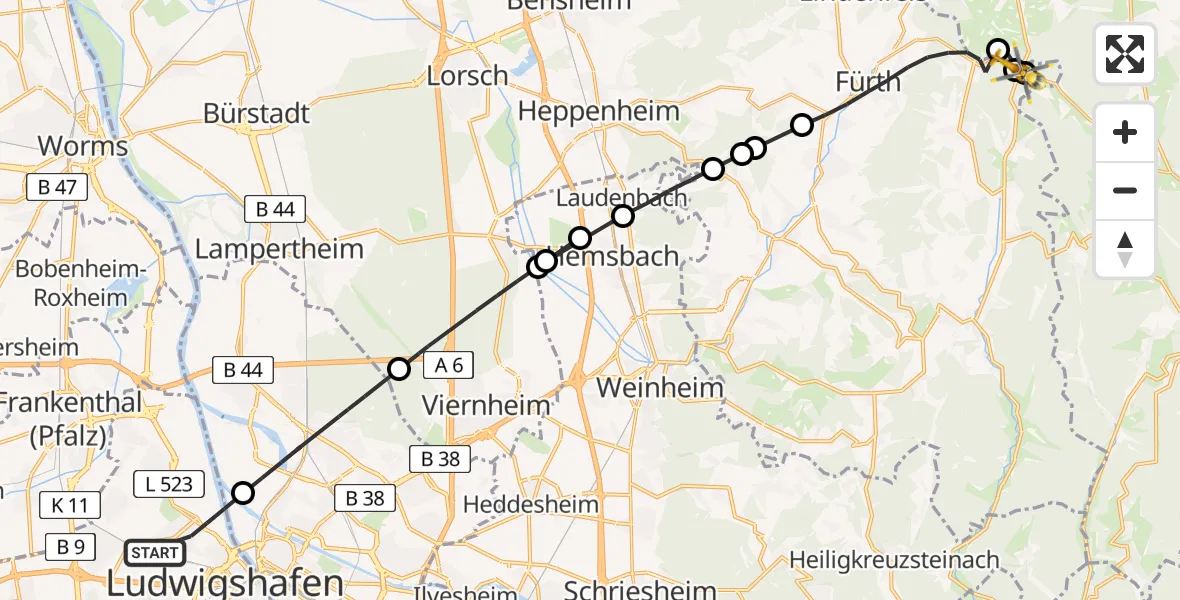 Flugroute Rettungshubschrauber Ludwigshafen am Rhein - Reichelsheim (Odenwald), 02 August 2026, 15:48
