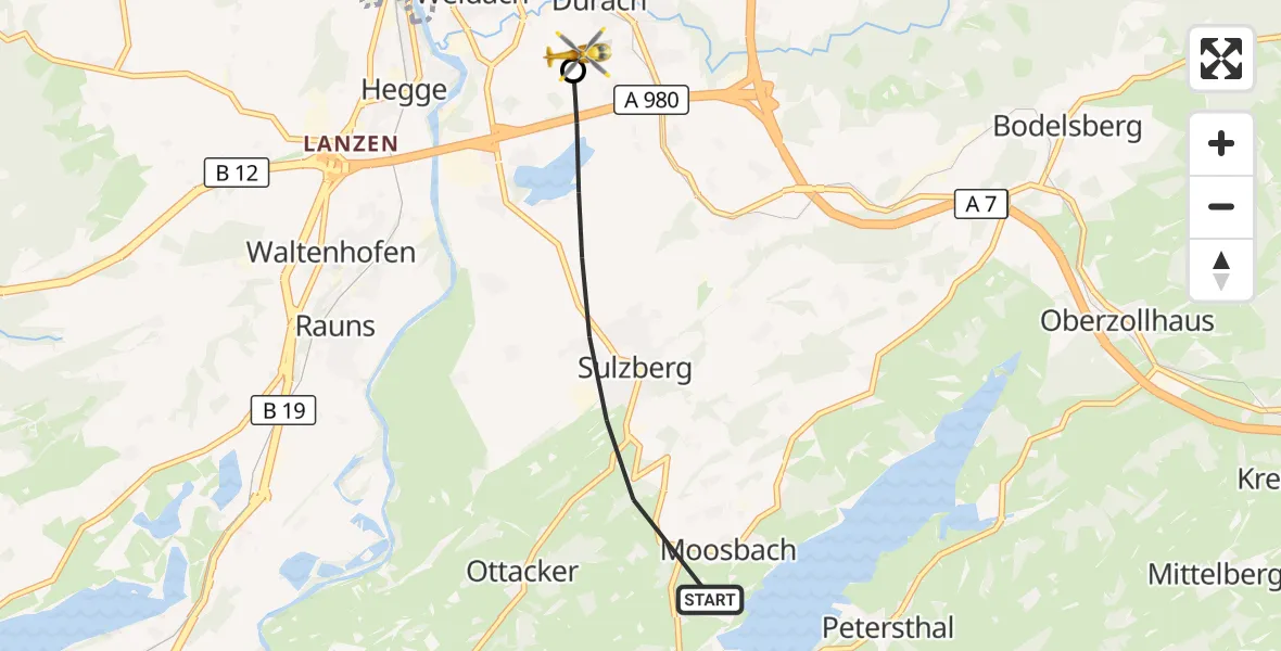 Flugroute Rettungshubschrauber Sulzberg - Kempten-Durach Flugplatz, 02 August 2026, 15:50