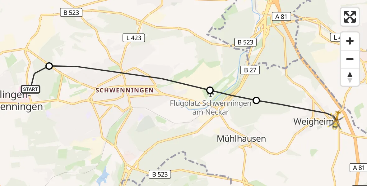 Flugroute Ambulanzhubschrauber DRF Air Rescue Station Villingen-Schwenningen Hubschrauberlandeplatz (Christoph 11) - Villingen-Schwenningen, 02 August 2026, 15:58