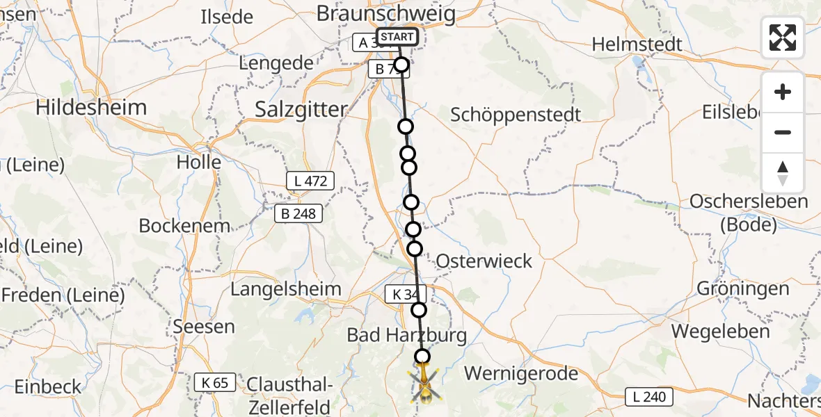 Flugroute Rettungshubschrauber Braunschweig - Wernigerode, 02 August 2026, 16:00