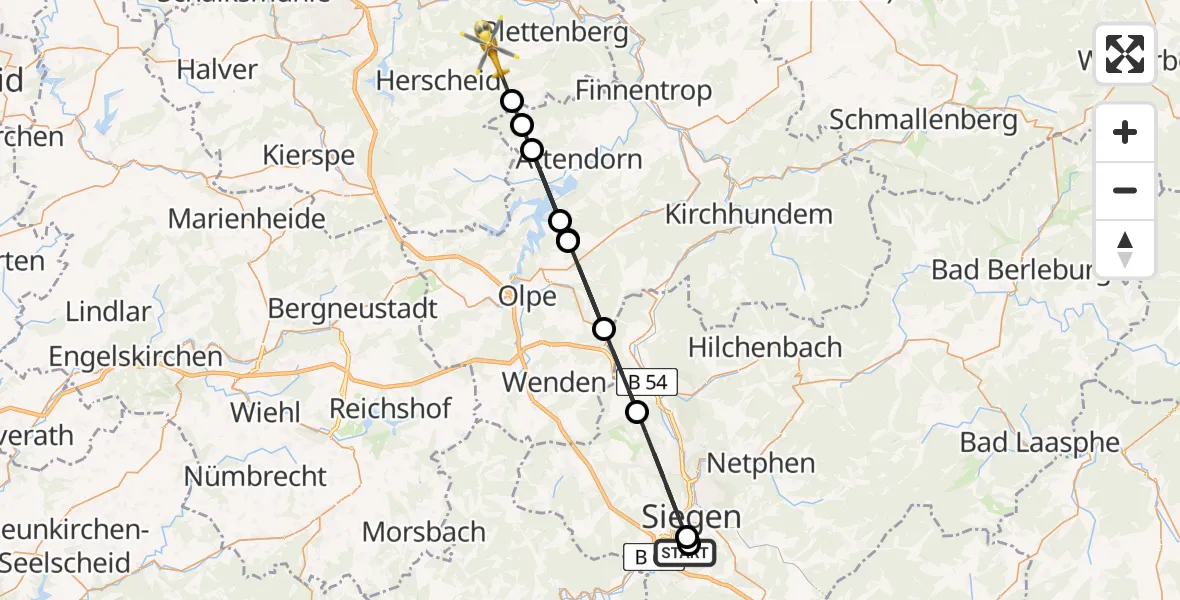 Flugroute Rettungshubschrauber Evangelisches Jung-Stilling Hospital - Plettenberg, 02 August 2026, 16:02