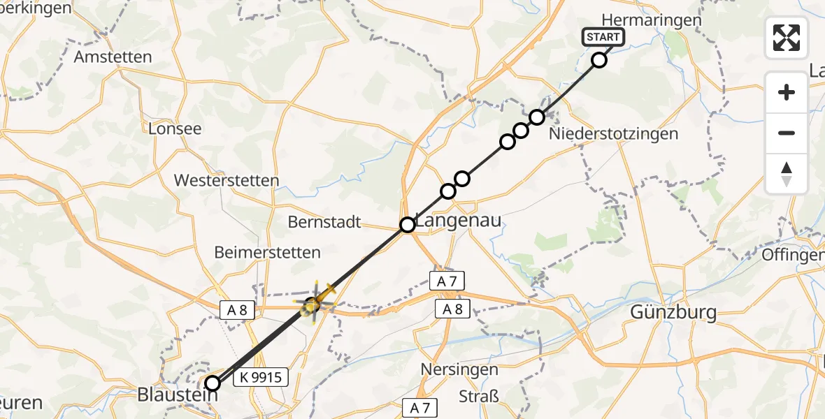 Flugroute Rettungshubschrauber Giengen an der Brenz - Ulm, 02 August 2026, 16:05