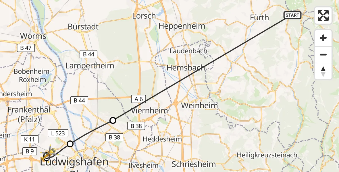 Flugroute Rettungshubschrauber Fürth - Ludwigshafen Accident Hospital, 02 August 2026, 16:07