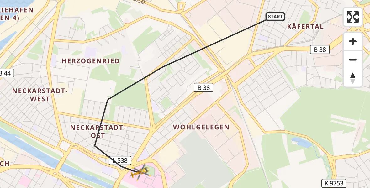 Flugroute Rettungshubschrauber Mannheim - Mannheim, 02 August 2026, 16:33