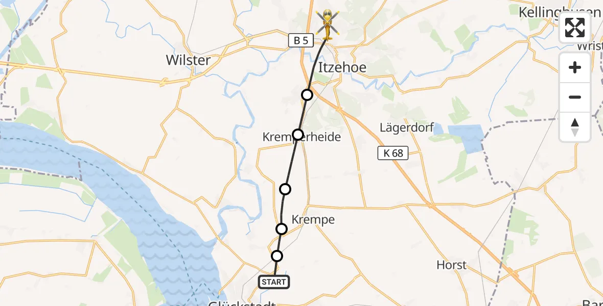Flugroute Rettungshubschrauber Blomesche Wildnis - Itzehoe, 02 August 2026, 16:33