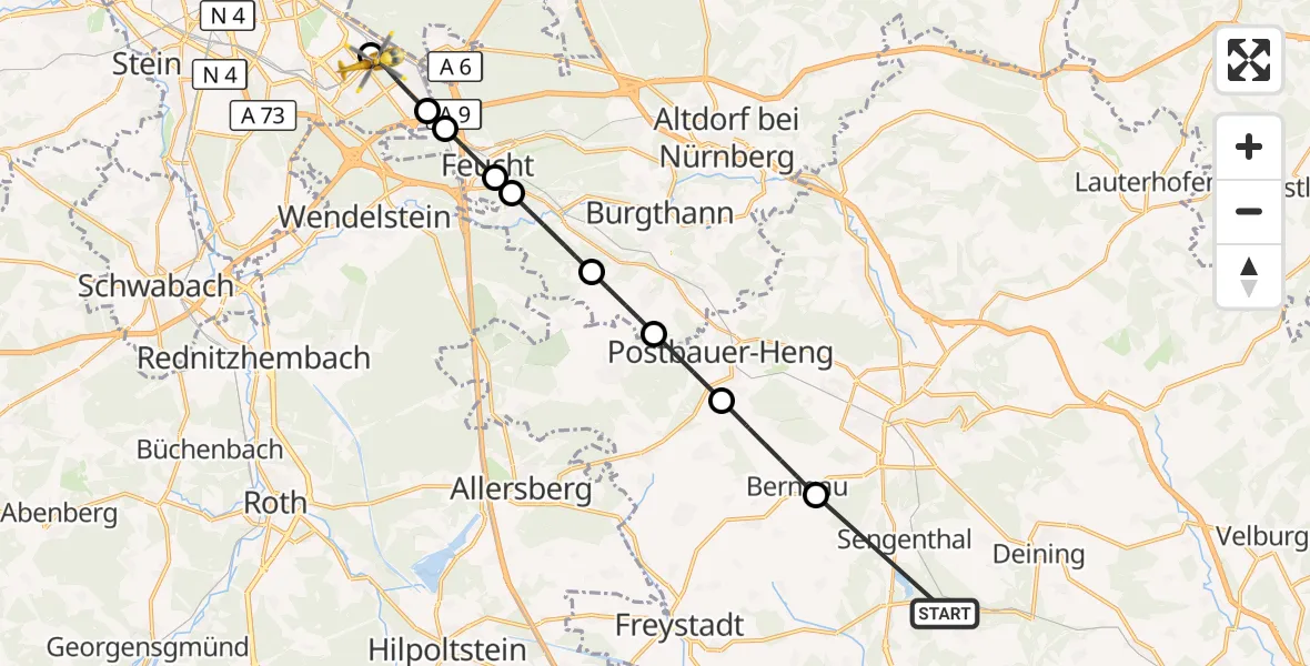 Flugroute Ambulanzhubschrauber Deining - Nürnberg South Hospital, 02 August 2026, 16:45