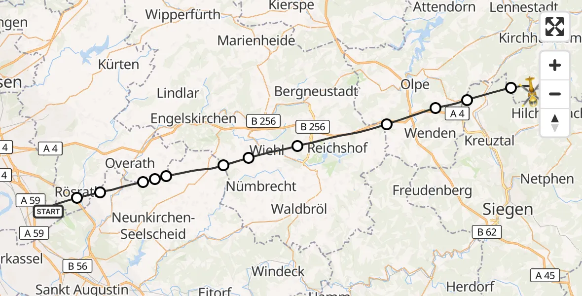 Flugroute Rettungshubschrauber Köln Bonn Flughafen - Kirchhundem, 02 August 2026, 16:49