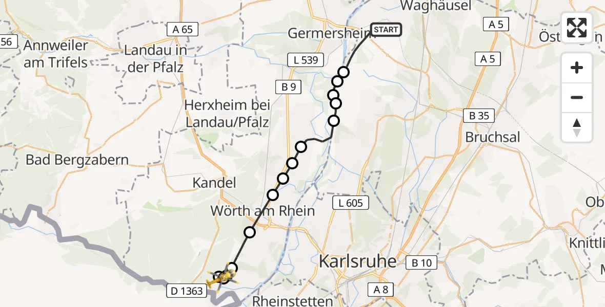 Flugroute Ambulanzhubschrauber Philippsburg - Berg (Pfalz), 02 August 2026, 17:00