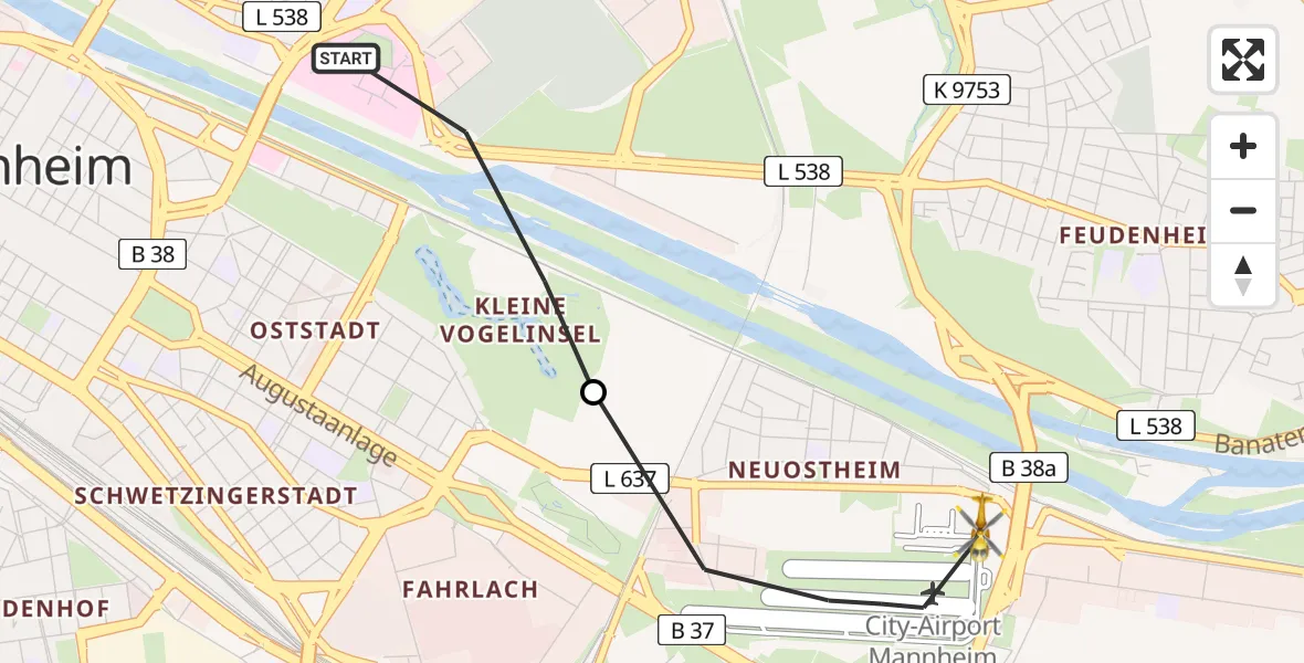 Flugroute Rettungshubschrauber Mannheim - Mannheim-City Flughafen, 02 August 2026, 17:00