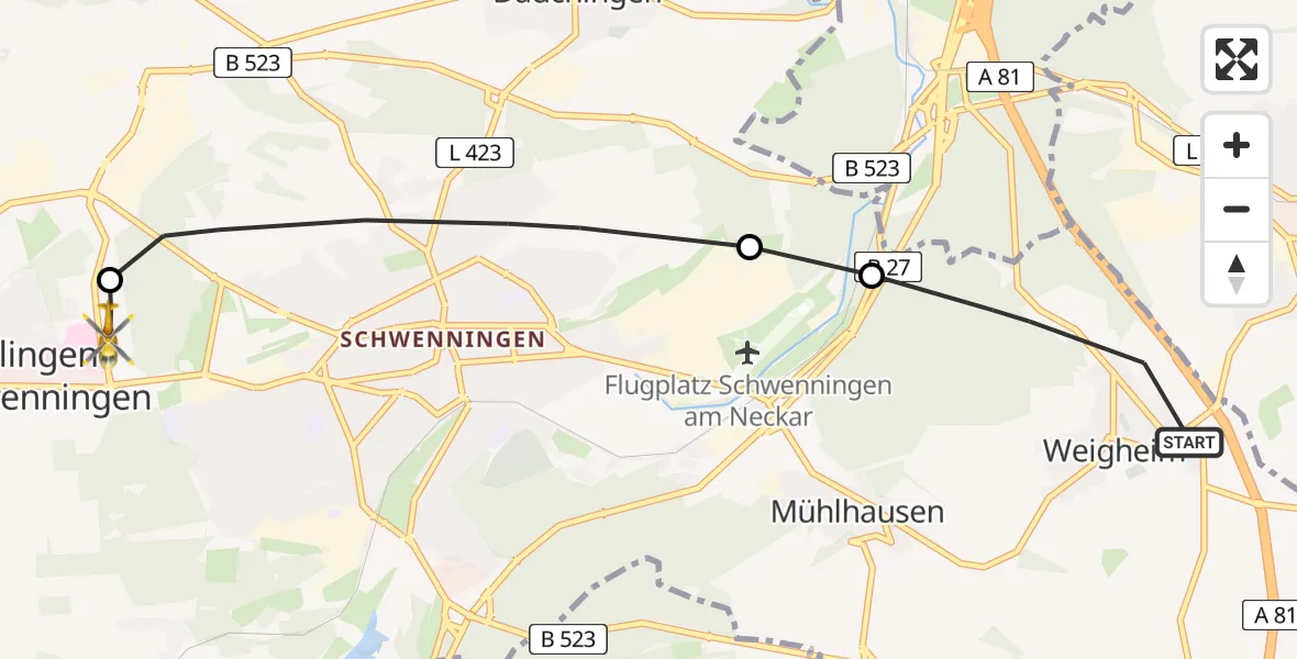 Flugroute Ambulanzhubschrauber Villingen-Schwenningen - DRF Air Rescue Station Villingen-Schwenningen Hubschrauberlandeplatz (Christoph 11), 02 August 2026, 17:02