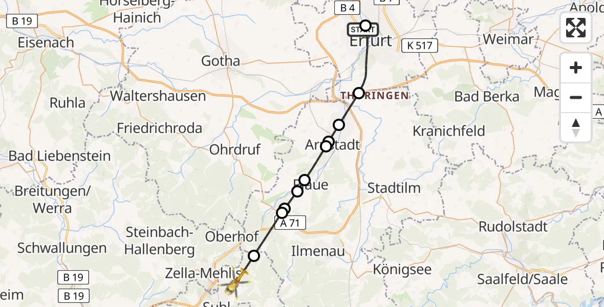 Flugroute Rettungshubschrauber Helios Clinic Erfurt - Suhl, 02 August 2026, 17:04