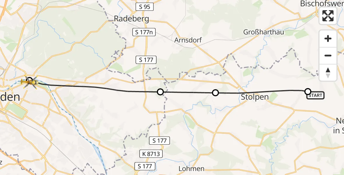 Flugroute Rettungshubschrauber Neustadt in Sachsen - Dresden Elbwiesen Hubschrauberlandeplatz, 02 August 2026, 17:15