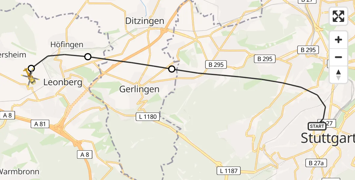 Flugroute Rettungshubschrauber Stuttgart - Leonberg Hospital Hubschrauberlandeplatz, 02 August 2026, 17:28