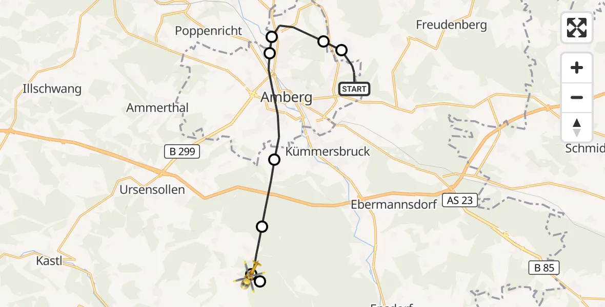 Flugroute Ambulanzhubschrauber Amberg - Ursensollen, 02 August 2026, 17:32