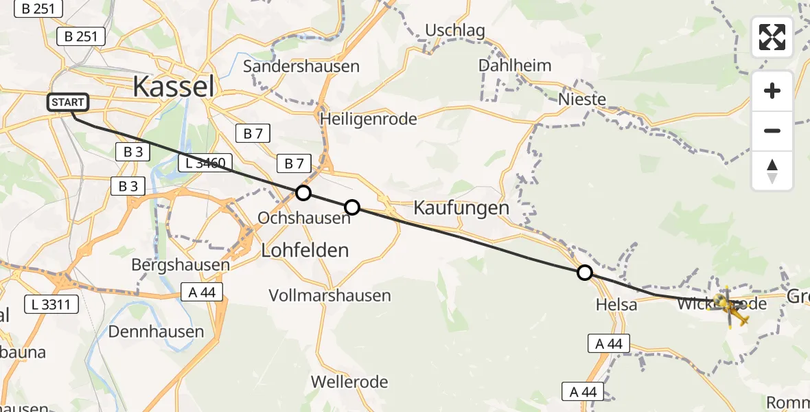 Flugroute Rettungshubschrauber Kassel - Helsa, 02 August 2026, 17:38