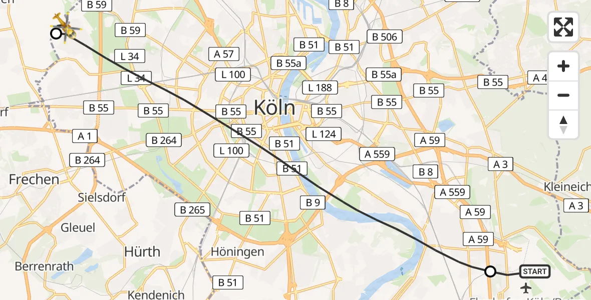 Flugroute Ambulanzhubschrauber Köln Bonn Flughafen - Pulheim, 02 August 2026, 17:38