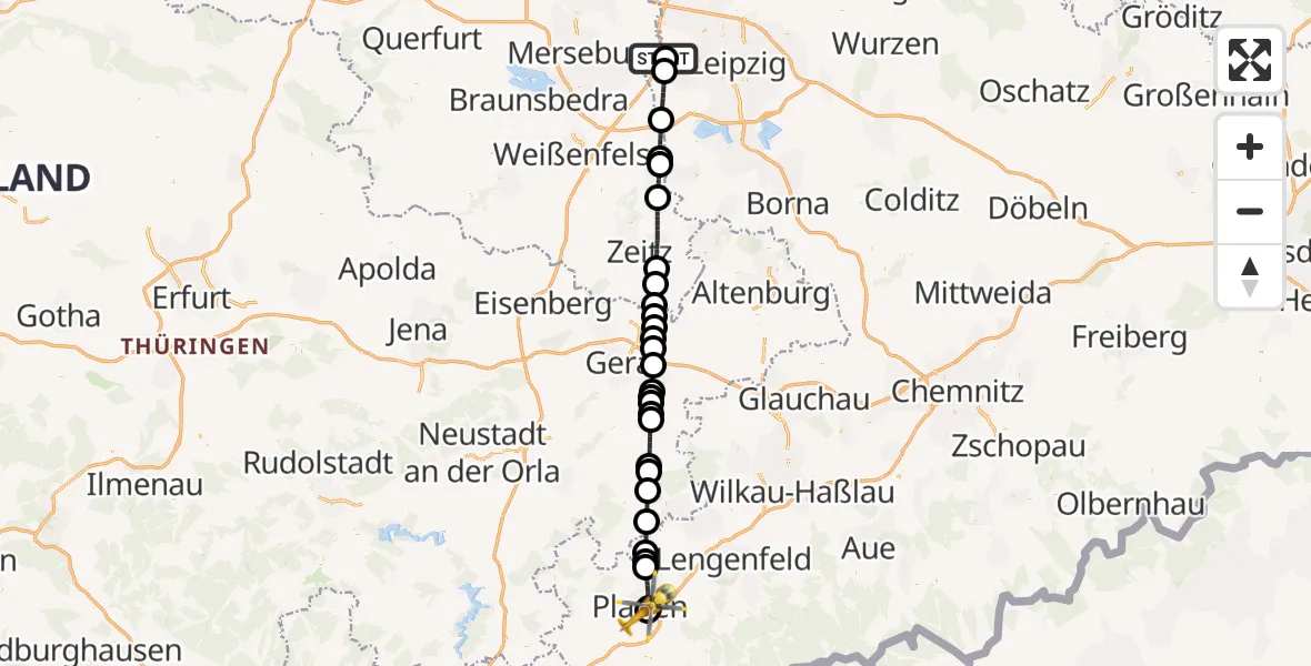 Flugroute Rettungshubschrauber ADAC Air Rescue Station Leipzig/Schkeuditz-Dölzig Hubschrauberlandeplatz (Christoph 61) - Helios Clinic Plauen, 02 August 2026, 17:45