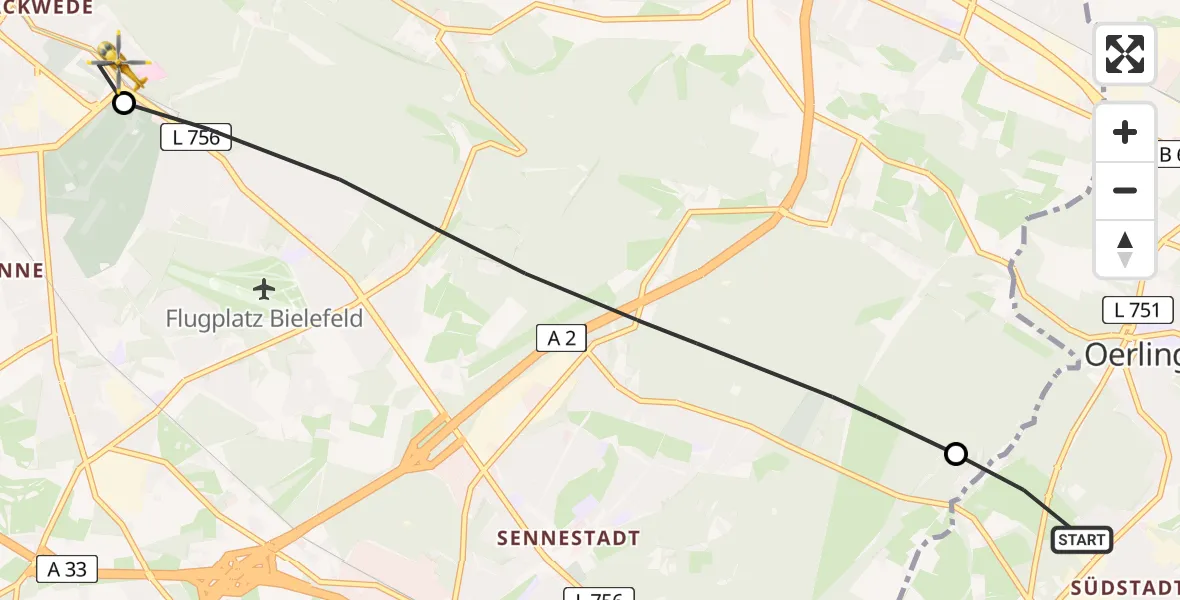 Flugroute Rettungshubschrauber Oerlinghausen - Luftrettungszentrum Bielefeld, 02 August 2026, 17:45