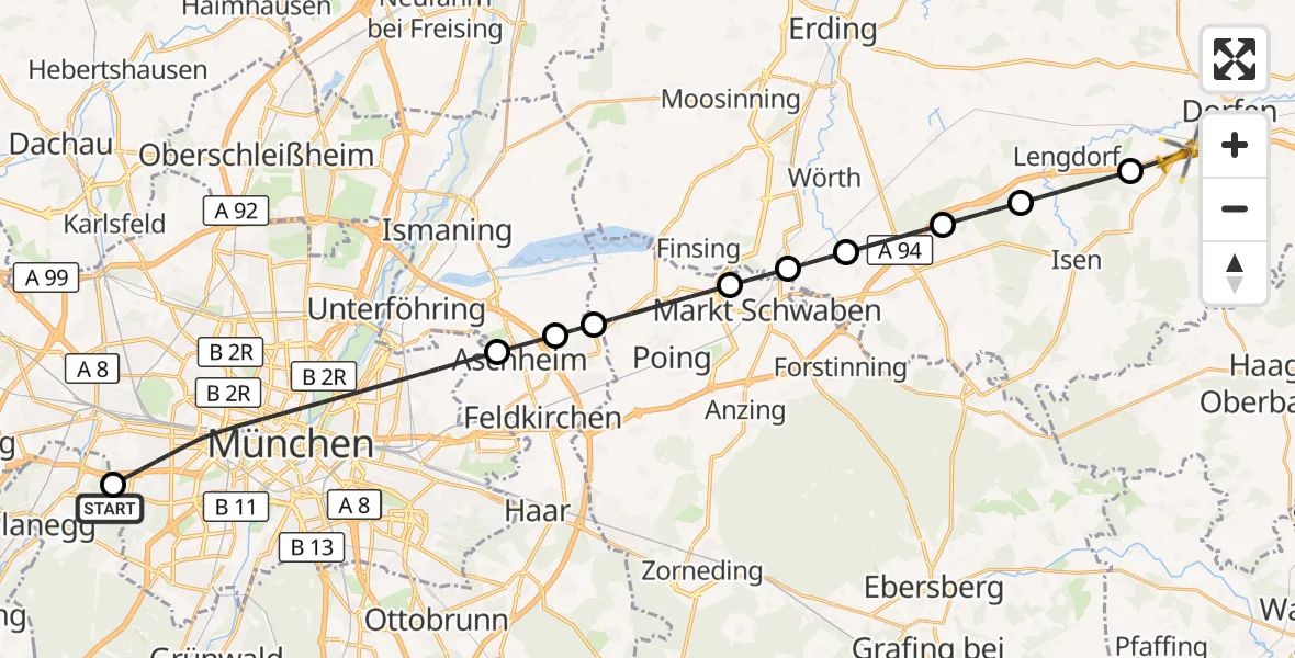 Flugroute Rettungshubschrauber DRF Air Rescue München Hubschrauberlandeplatz - Dorfen, 02 August 2026, 17:52