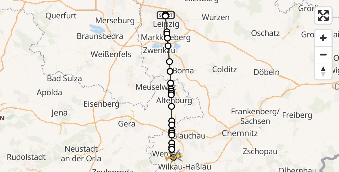Flugroute Rettungshubschrauber Sankt Georg Hospital Leipzig Reserve - ADAC Air Rescue Station Zwickau Hubschrauberlandeplatz, 02 August 2026, 17:57