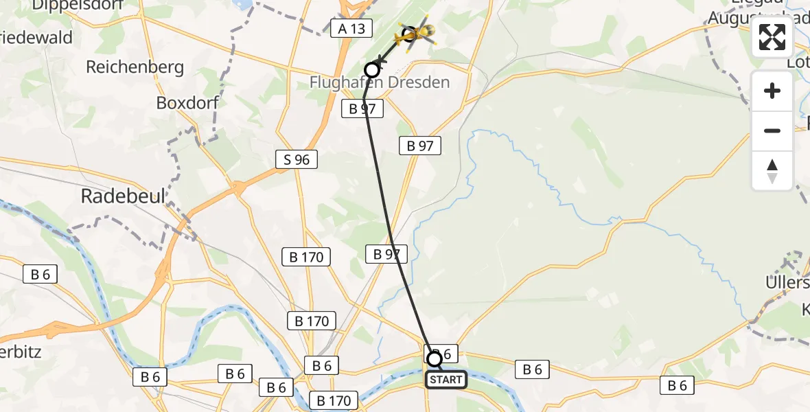 Flugroute Rettungshubschrauber Dresden Elbwiesen Hubschrauberlandeplatz - Dresden Bundespolizei Hubschrauberlandeplatz, 02 August 2026, 18:05