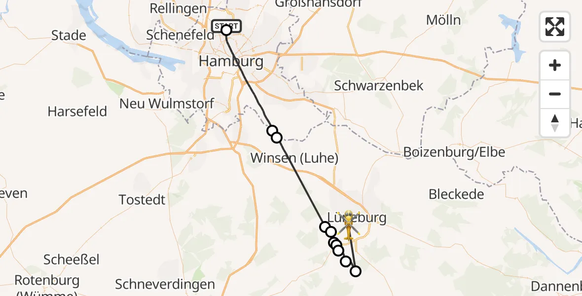 Flugroute Rettungshubschrauber Hamburg Helmut Schmidt Flughafen - Lüneburg, 02 August 2026, 18:15