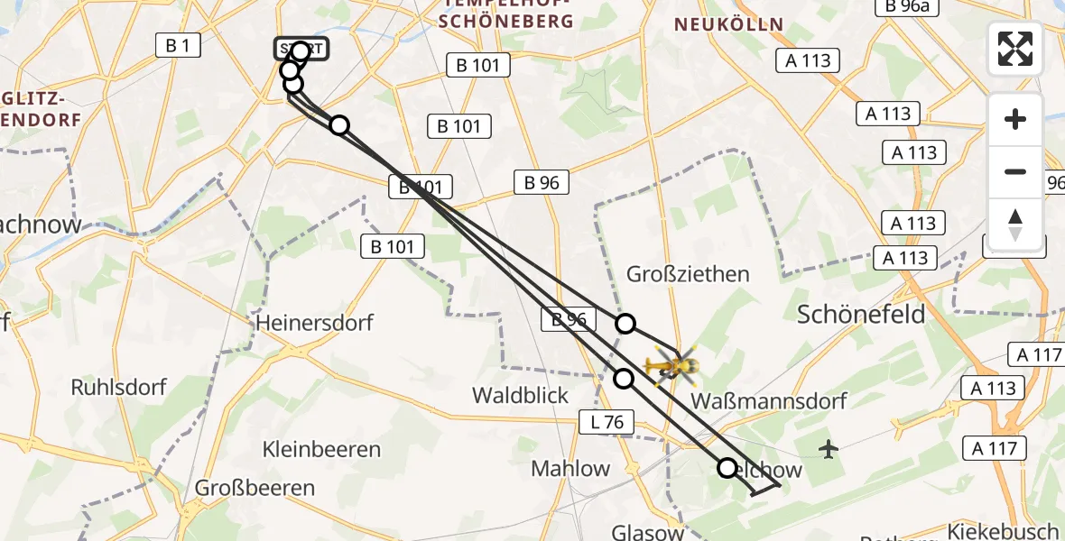 Flugroute Rettungshubschrauber Charité Clinic Benjamin Franklin Campus - Schönefeld, 02 August 2026, 18:16