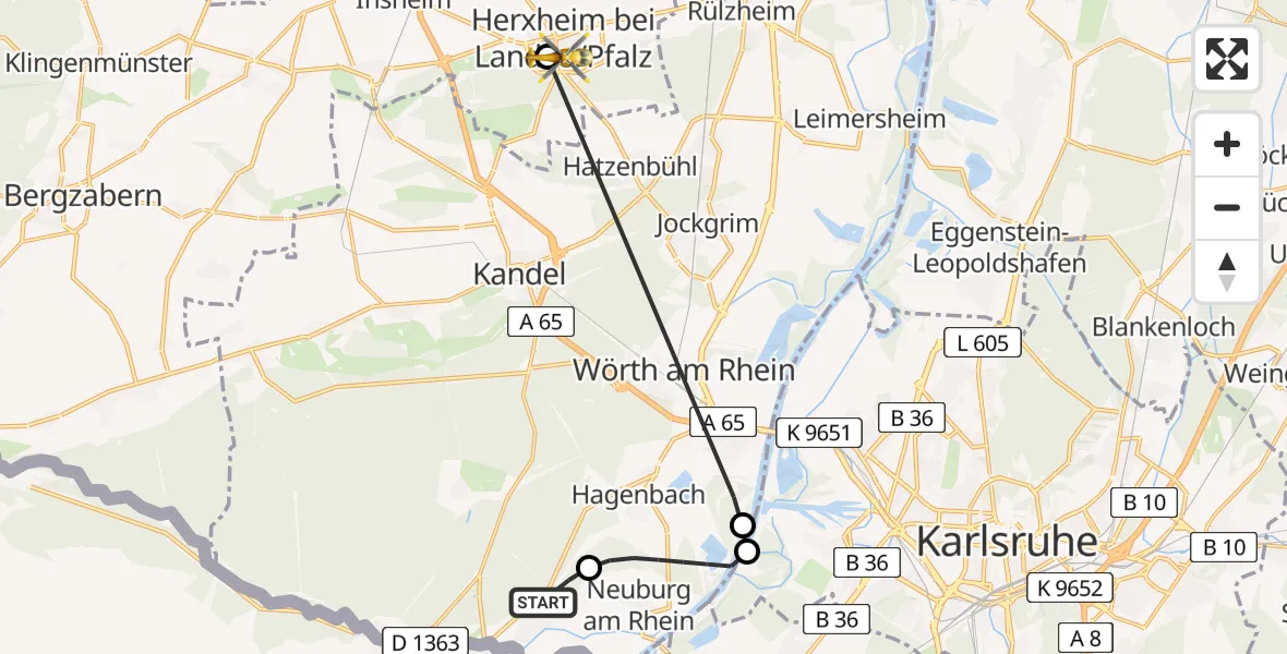 Flugroute Ambulanzhubschrauber Berg (Pfalz) - Herxheim bei Landau/Pfalz, 02 August 2026, 18:20