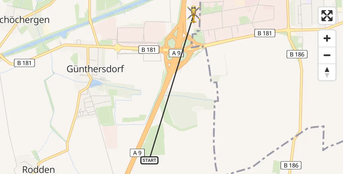 Flugroute Rettungshubschrauber Leuna - ADAC Air Rescue Station Leipzig/Schkeuditz-Dölzig Hubschrauberlandeplatz (Christoph 61), 02 August 2026, 18:20