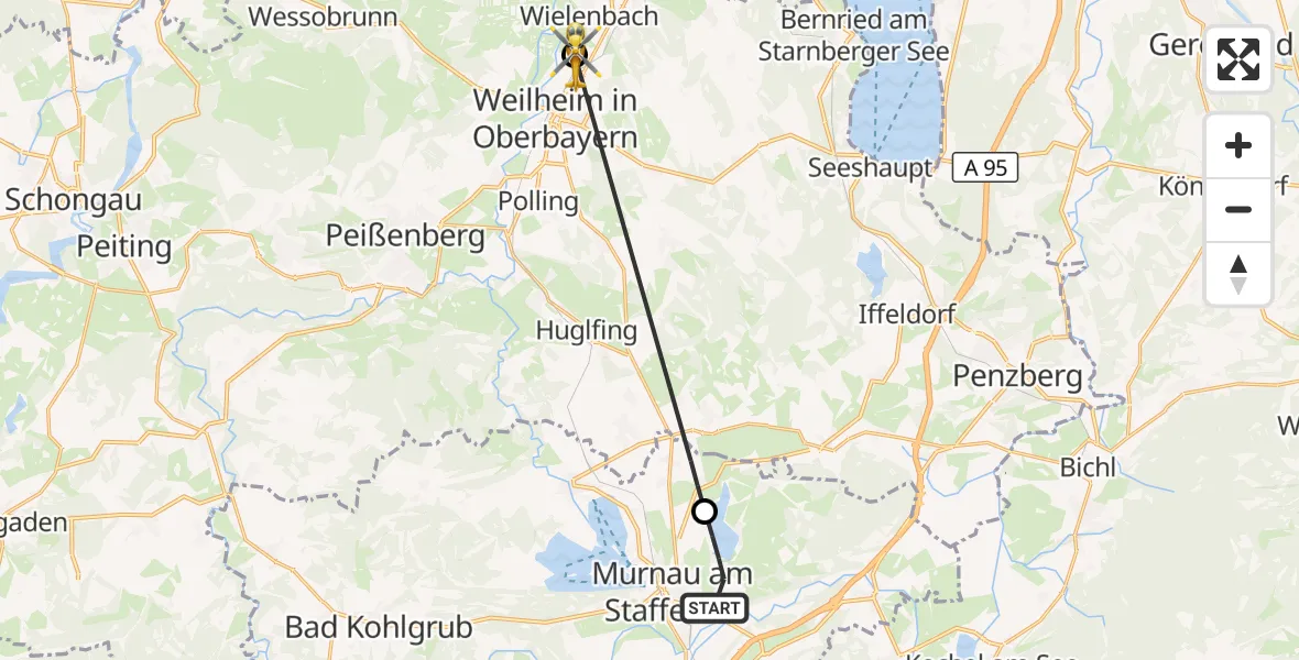 Flugroute Rettungshubschrauber Murnau a.Staffelsee - Weilheim i.OB, 02 August 2026, 18:21