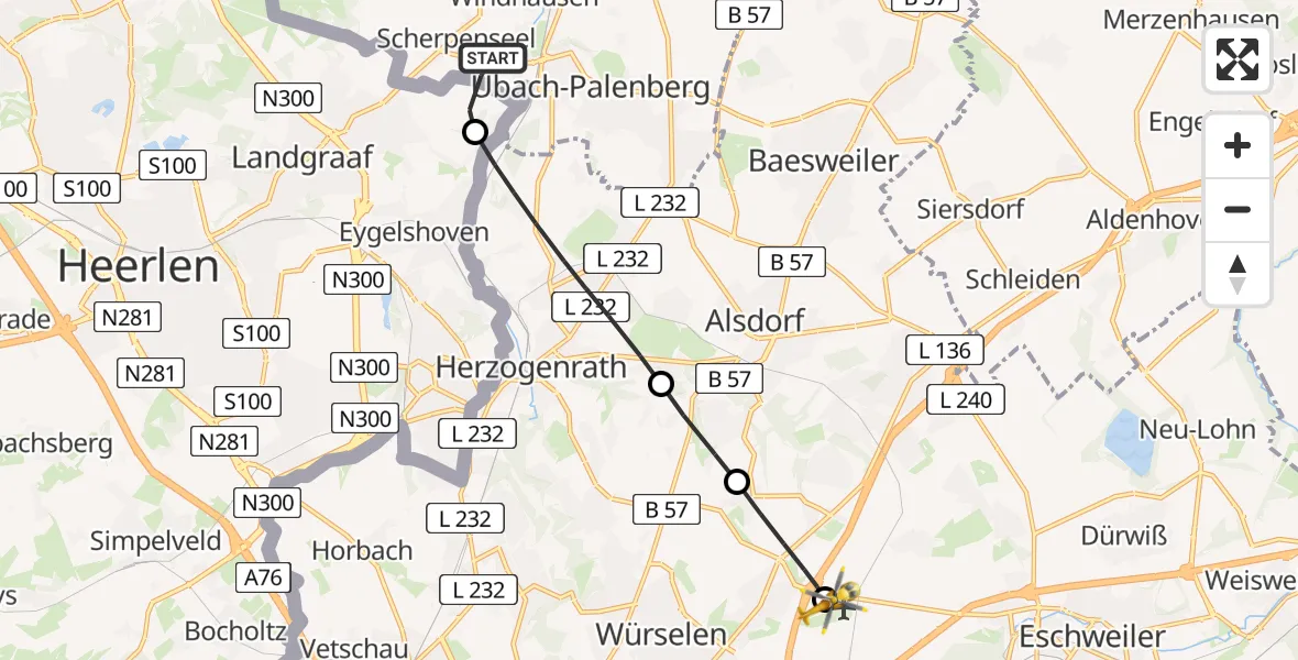 Flugroute Rettungshubschrauber Übach-Palenberg - Aachen-Merzbrück Flughafen, 02 August 2026, 18:31