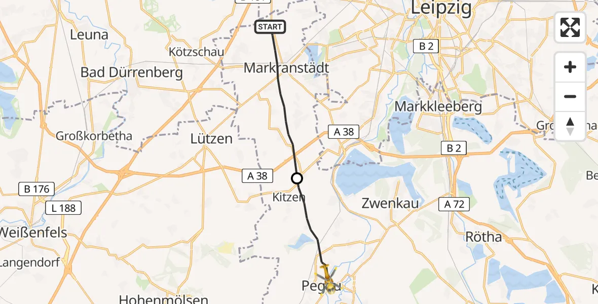 Flugroute Rettungshubschrauber Markranstädt - Pegau, 02 August 2026, 18:37