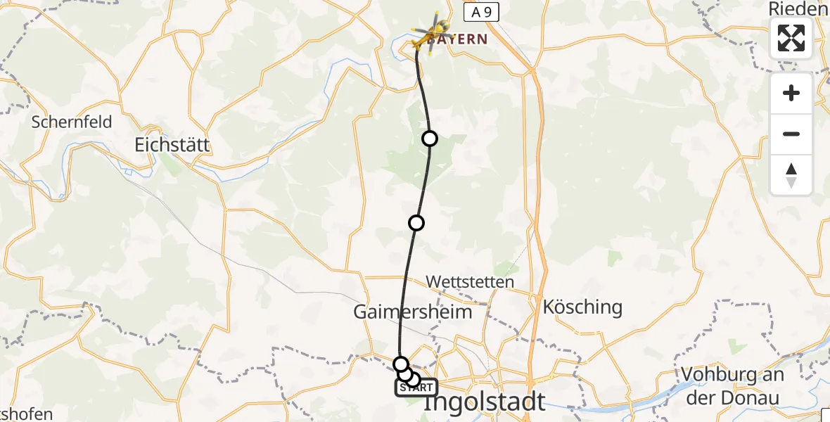 Flugroute Rettungshubschrauber Ingolstadt Hospital - Kipfenberg, 02 August 2026, 18:42