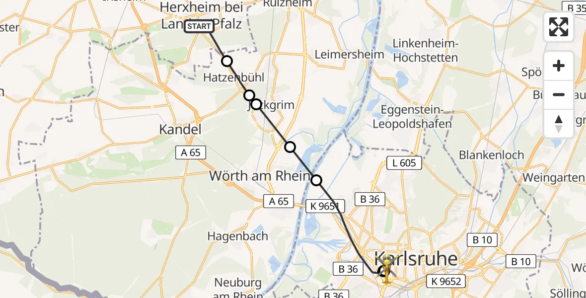 Flugroute Ambulanzhubschrauber Herxheim bei Landau/Pfalz - Sankt Vincentius Hospital, 02 August 2026, 19:04